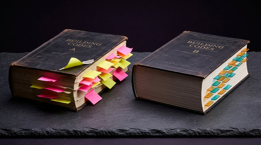 Two code books compared: one with loose Post-It flags, one with flush permanent index tabs