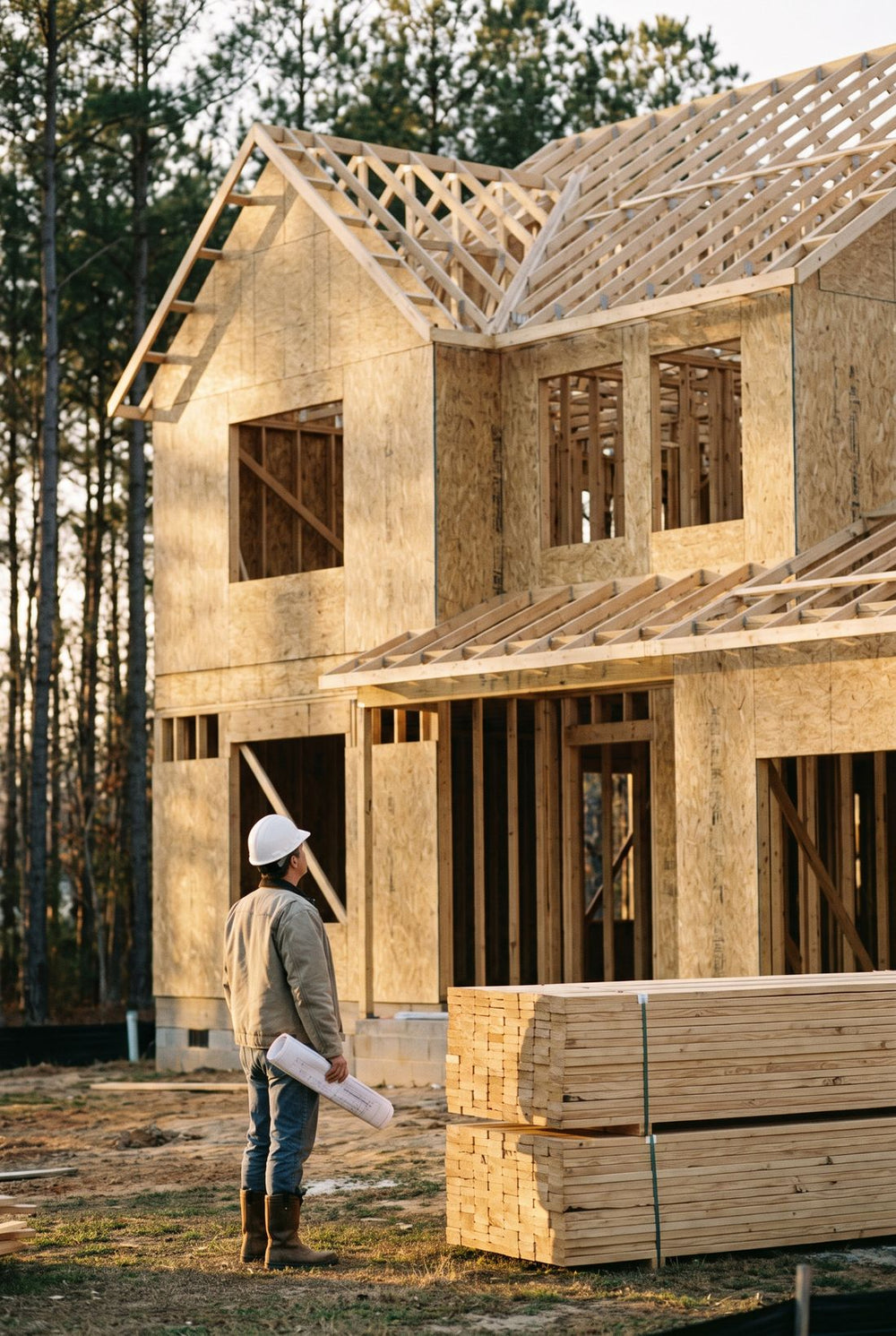 A contractor with rolled plans looks up at a framed and sheathed two-story house