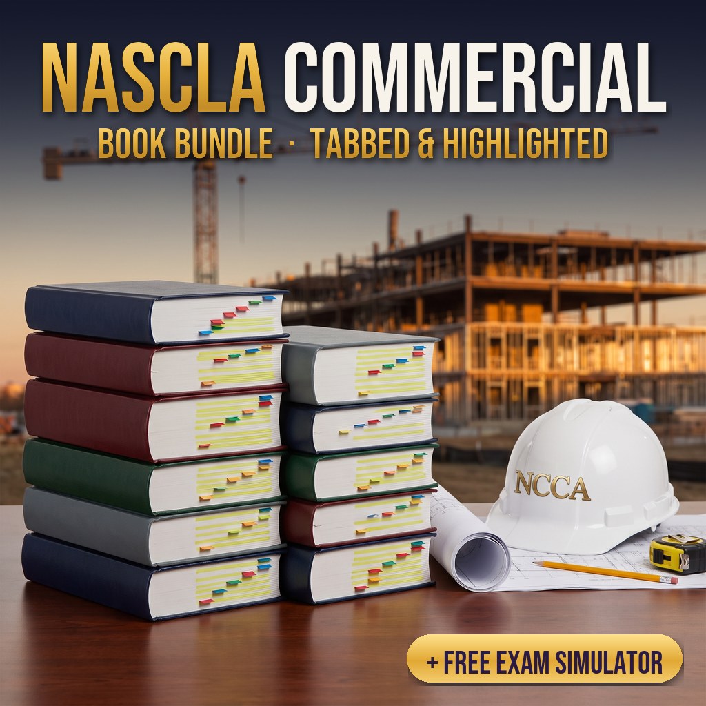 NASCLA Commercial Book Bundle: stacks of tabbed and highlighted reference books with an NCCA hard hat, plus free exam simulator access