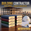 NC Building Contractor Book Bundle: eight tabbed and highlighted reference books with an NCCA hard hat, plus free exam simulator access