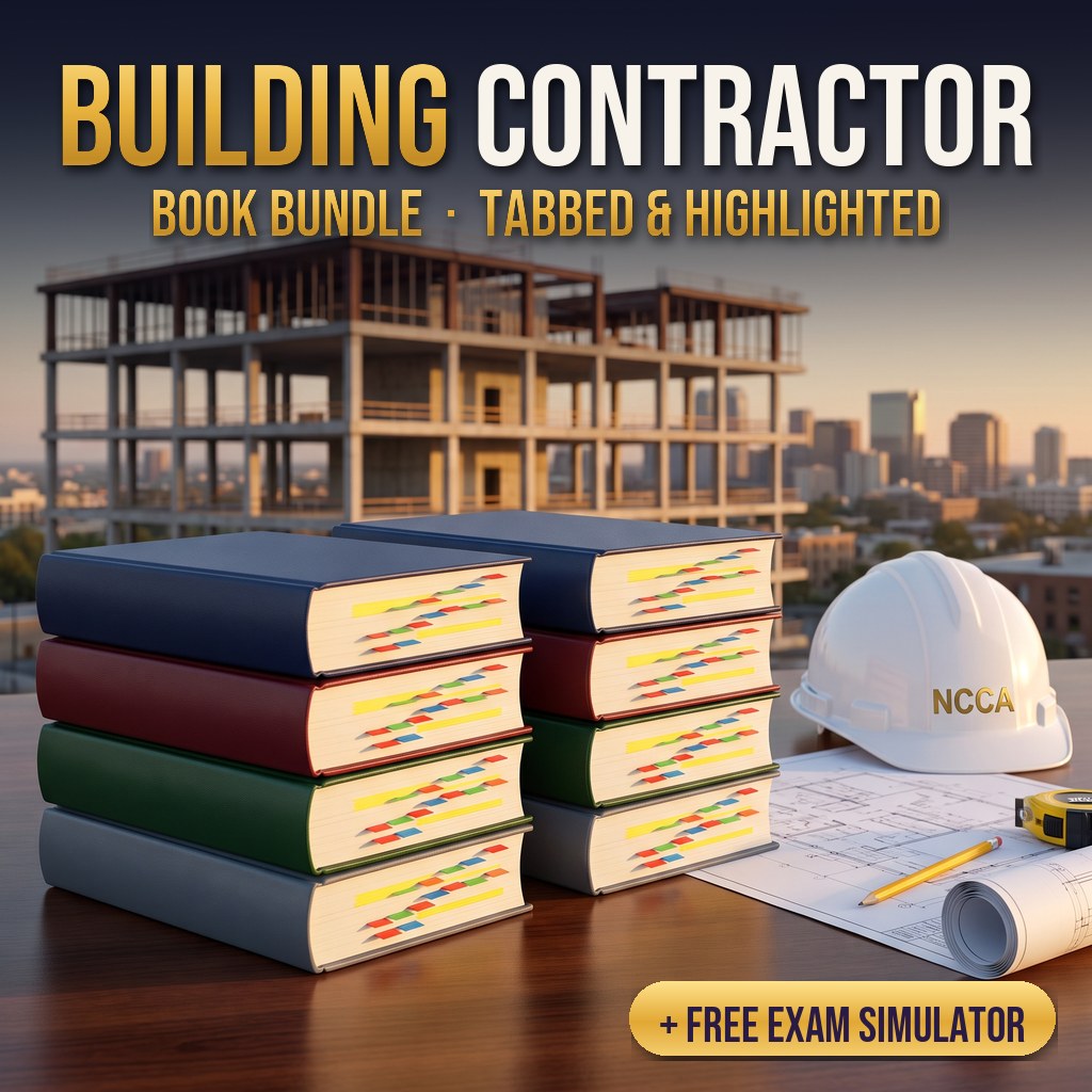 NC Building Contractor Book Bundle: eight tabbed and highlighted reference books with an NCCA hard hat, plus free exam simulator access