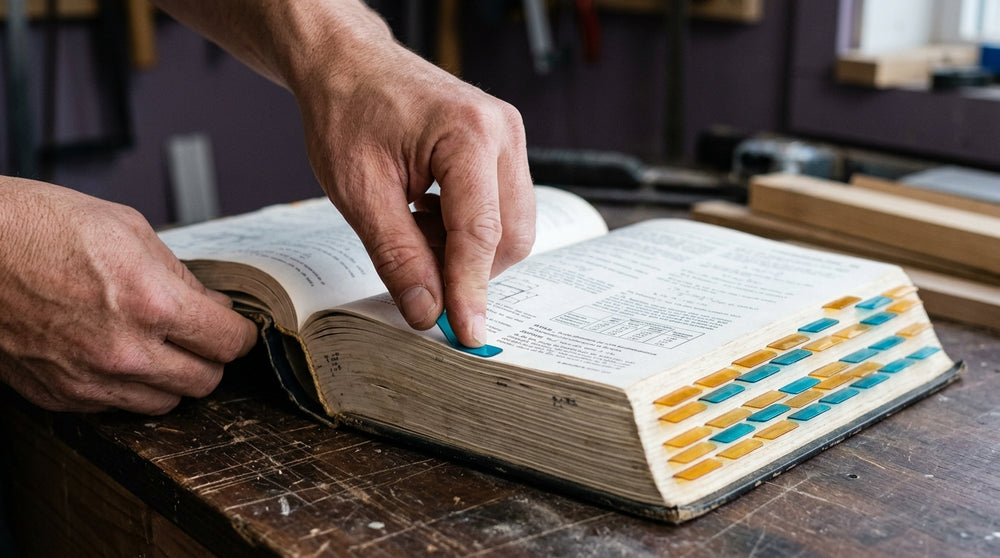Hands placing a permanent index tab onto a page of a building code book