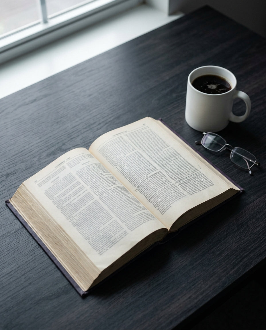 An open North Carolina statute book on a desk with reading glasses and a cup of coffee