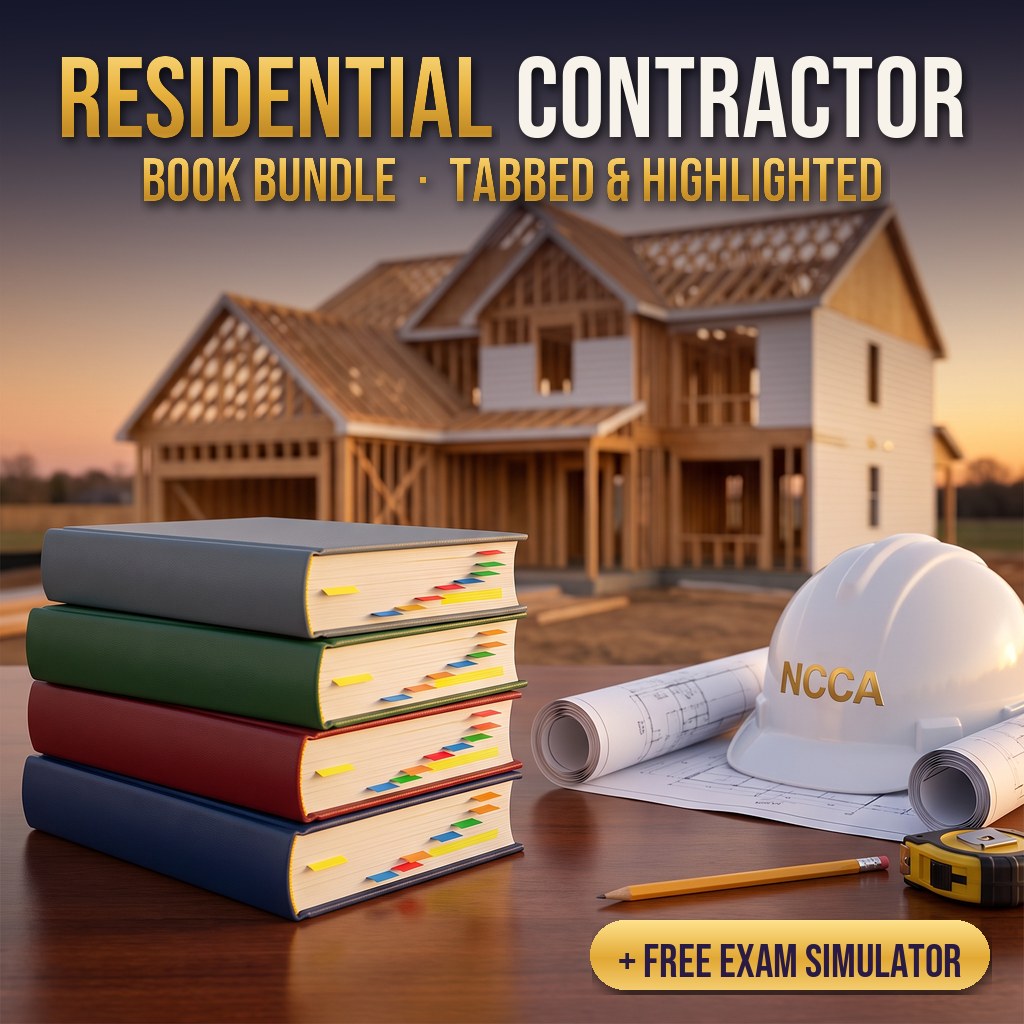 NC Residential Contractor Book Bundle: four tabbed and highlighted code books with an NCCA hard hat, plus free exam simulator access